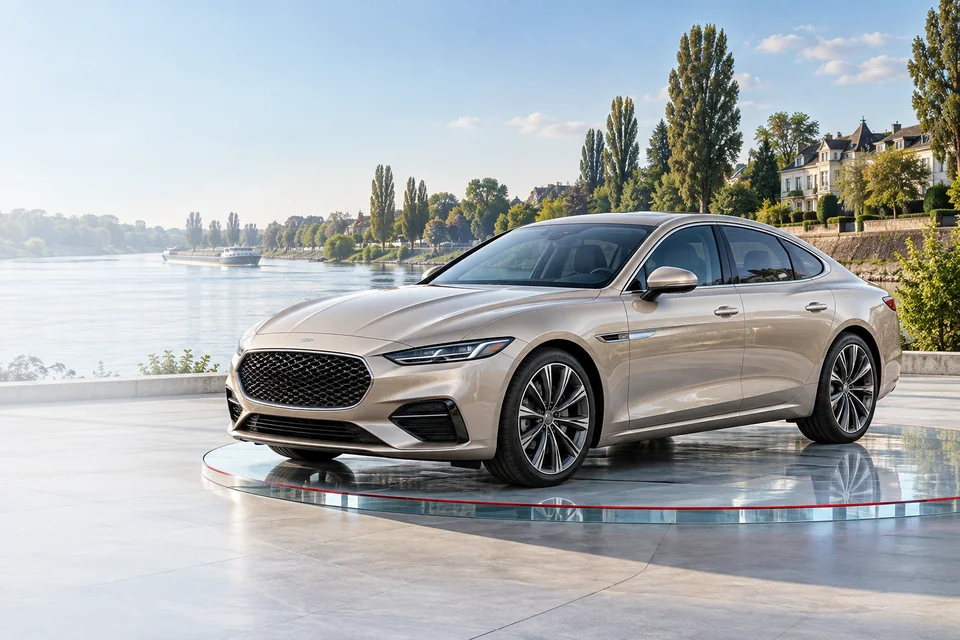 Heller eleganter Fastback mit dezenter Rheinlandschaft bei Meerbusch