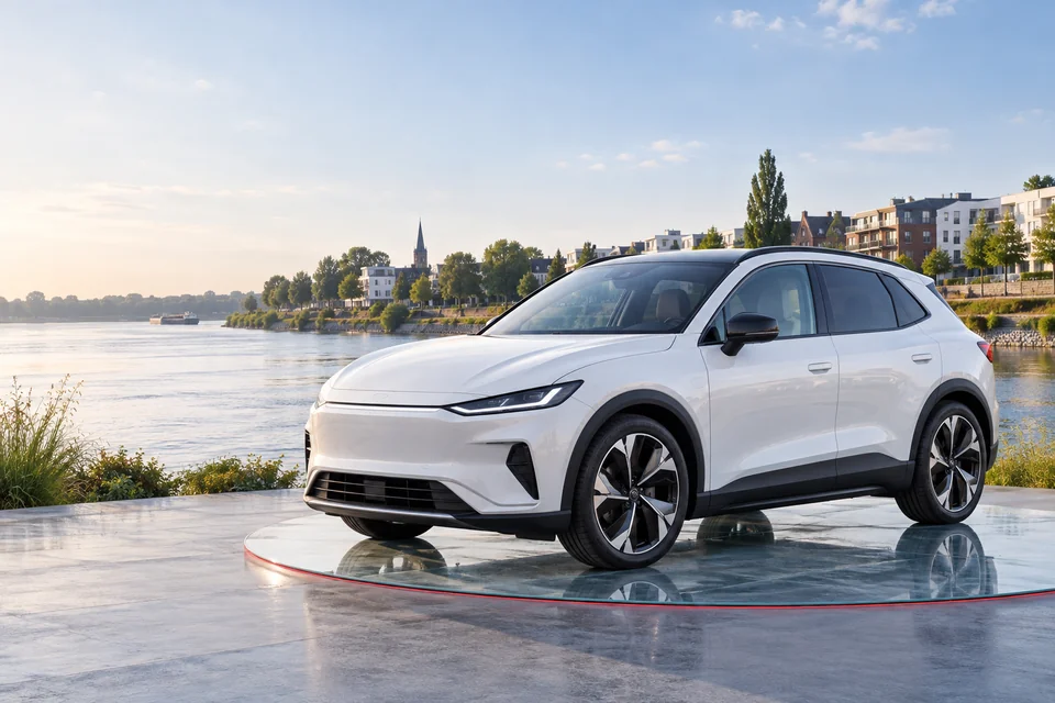 Heller Elektro-Crossover mit zurückhaltender Rhein- und Uferkulisse bei Monheim