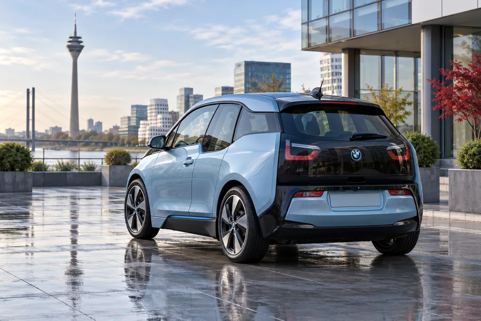 Hellblauer Elektro-Kleinwagen auf einem modernen Parkplatz