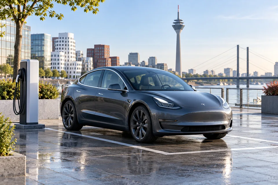 Dunkle Elektro-Limousine neben einer Ladesäule auf einem Stadtparkplatz