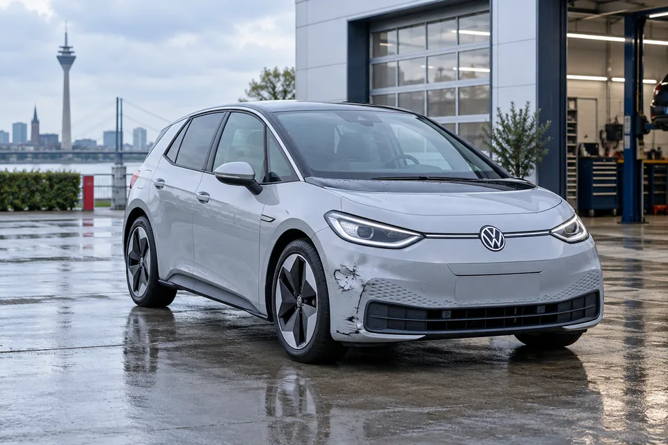 Helles Elektroauto mit kleinem Frontschaden auf einem Werkstatthof