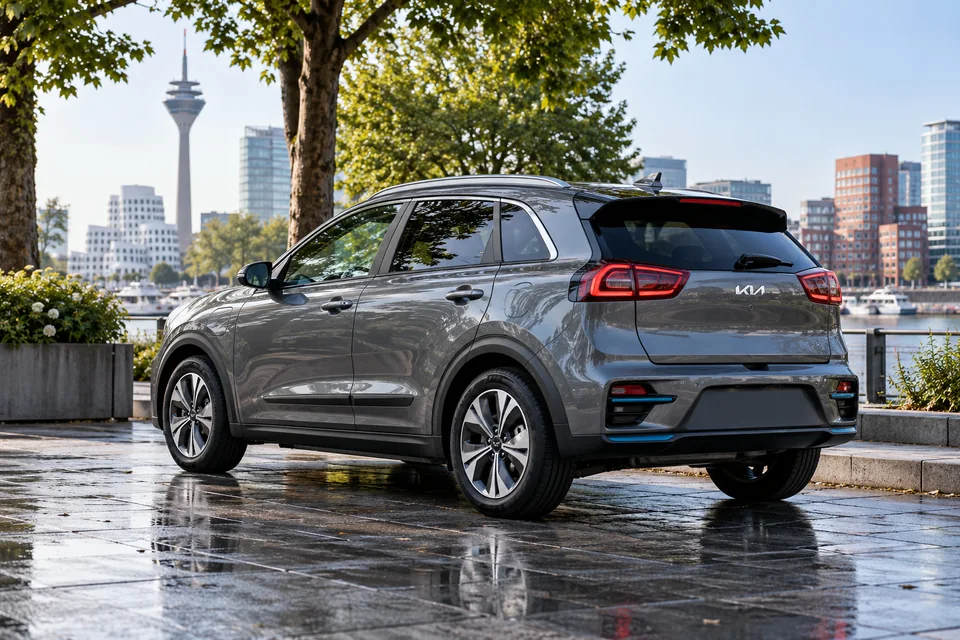 Graues Elektro-Crossover auf einem von Bäumen gesäumten Parkplatz