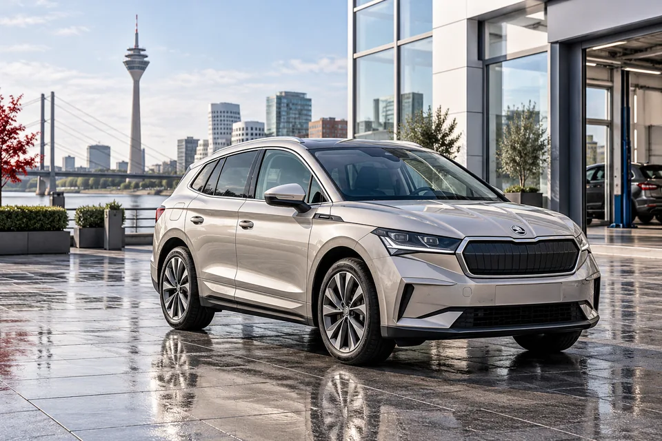 Silbernes Elektro-SUV auf einem übersichtlichen Servicehof