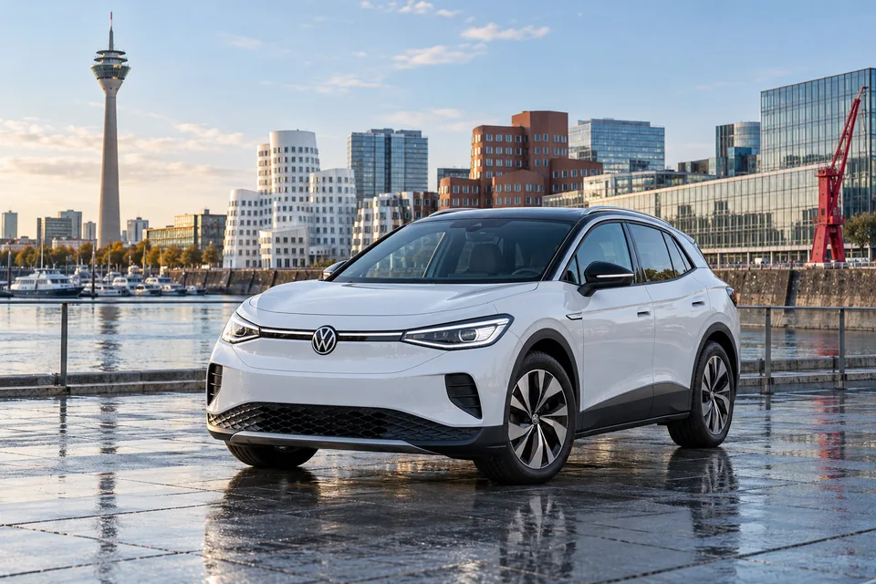 Weißes Elektro-SUV vor der Düsseldorfer Hafenkulisse