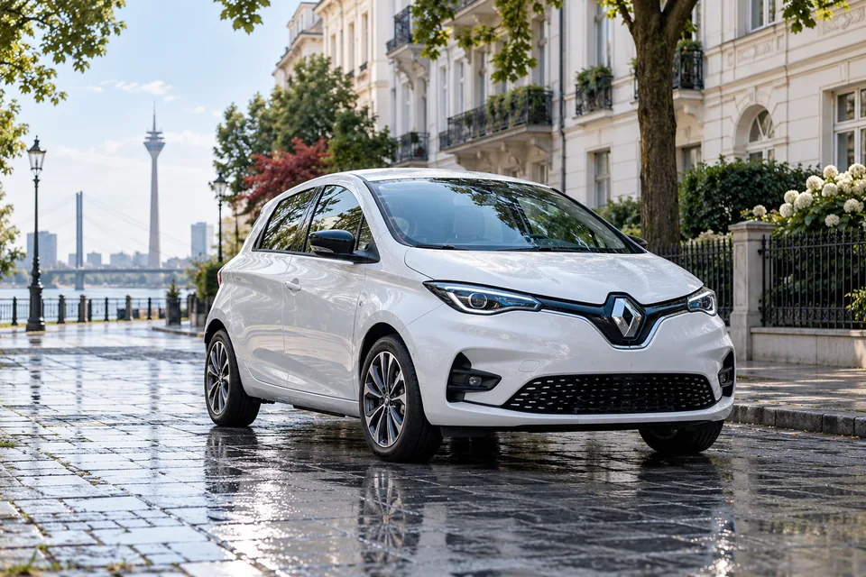 Weißer Renault Zoe auf einer ruhigen städtischen Straße