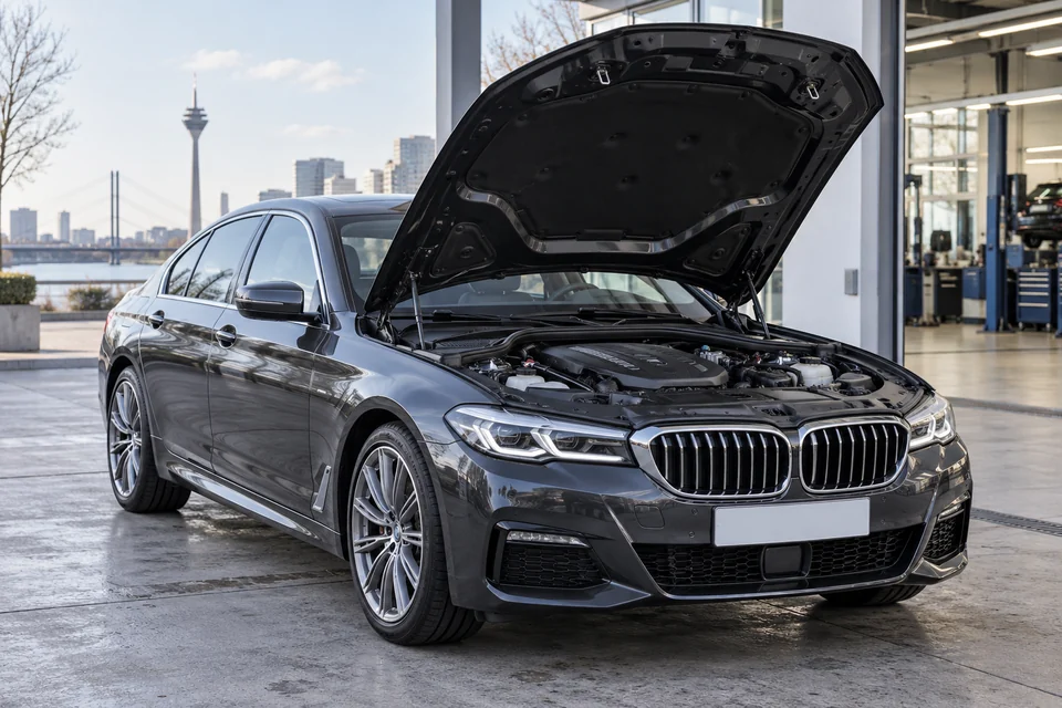 Dunkles Fahrzeug mit geöffneter Motorhaube auf einem Hof