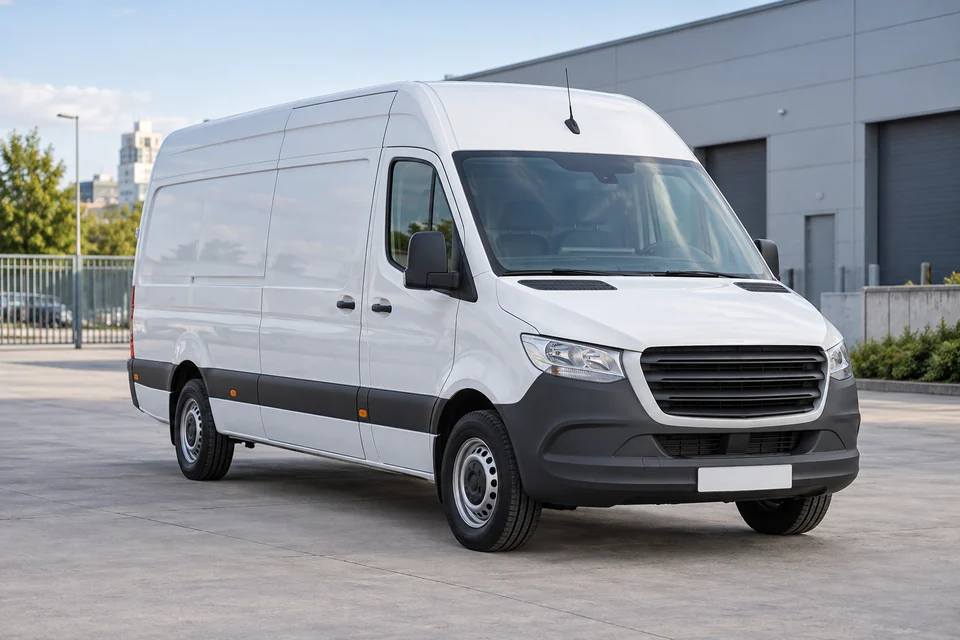 Weißer Transporter auf einem großzügigen Betriebshof